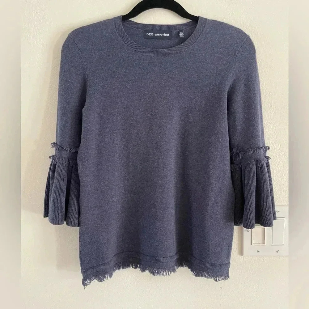 525 America Navy Blue Knit Sweater Top Fringe Flare Bell 3/4 Sleeve Women XSmall
